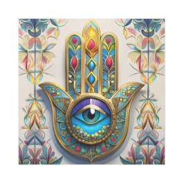 金ゴールドカラフルフィリグリーブルーグリーン三眼ハムザ メタルプリント