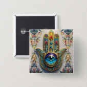 金ゴールドカラフルフィリグリーブルーグリーン三眼ハムザ 缶バッジ (正面&裏面)
