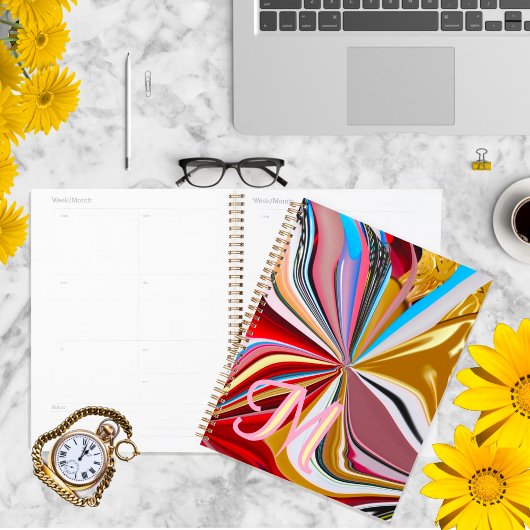 金ゴールドカラフルフラワーモノグラム液化抽象芸術 プランナー手帳