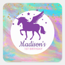 金ゴールドカラフル斑紫ユニコーン誕生日 スクエアシール