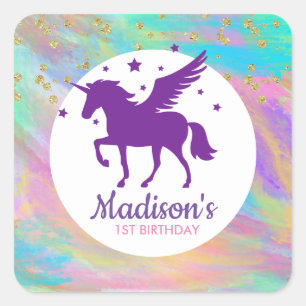金ゴールドカラフル斑紫ユニコーン誕生日 スクエアシール