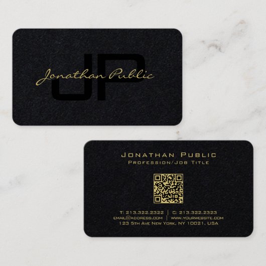 金ゴールドカラーハンドスクリプトラグジュアリープレミアムブラック 名刺 (正面/裏面)