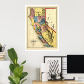 金ゴールドカリフォルニア州地図Gibbes 1851 ポスター (ホームオフィス)