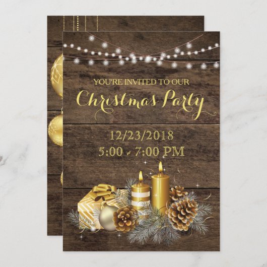 金ゴールドカントリー素朴クリスマスパーティの招待状 招待状 (正面/裏面)