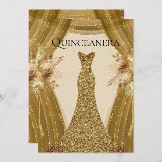 金ゴールドカーテンエレガントドレスキンセアニェラパーティー 招待状 (正面/裏面)