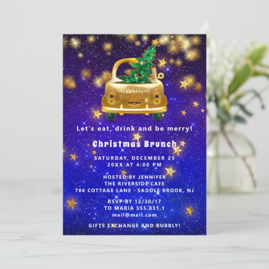 金ゴールドカーメリークリスマスブランチディナースターネイビー 招待状 (スタンド正面)