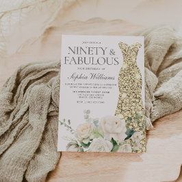 金ゴールドガウン白エレガント花90誕生日 招待状