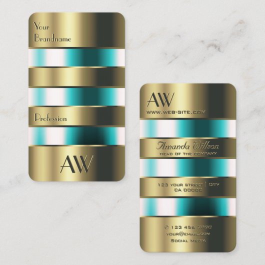 金ゴールドガラス缶光学ティール(緑がかった色)流体とイニシャル 名刺 (正面/裏面)