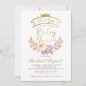金ゴールドガーリークラウンエレガントピンクフローラベビーシャワー 招待状 (正面)