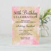 金ゴールドガーリーグリッターピンクの水色30歳誕生日 招待状 (スタンド正面)