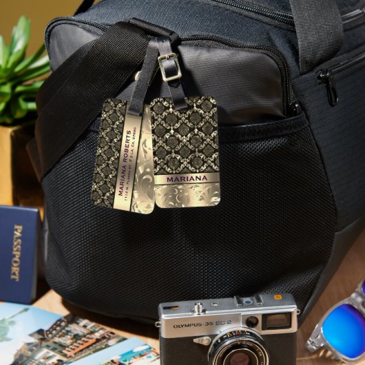 金ゴールドガーリーダンパーとメタリック渦巻き ラゲッジタグ (正面&裏面)