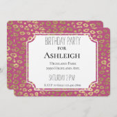 金ゴールドガーリーピンクヒョウ誕生日 招待状 (正面/裏面)