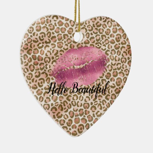 金ゴールドガーリーピーチヒョウ印刷ピンクリップキス セラミックオーナメント (右)