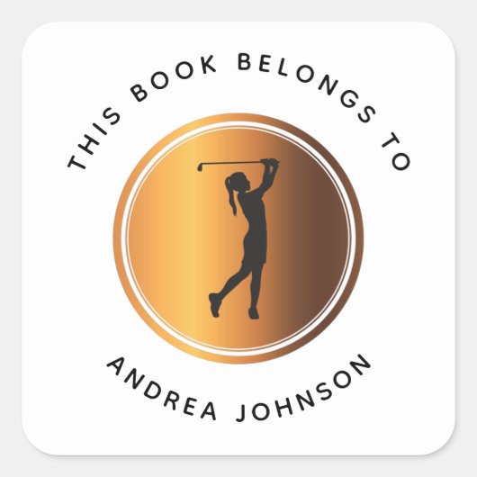 金ゴールドガールゴルファーシルエットキッズスクール蔵書票 スクエアシール (正面)