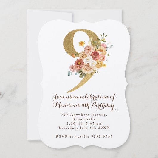 金ゴールドガールズフローラ9thバースデーパーティー招待状 招待状 (正面)