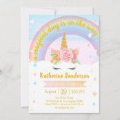 金ゴールドガールズマジカフェイクルユニコーンレインボー誕生日 招待状 (正面)