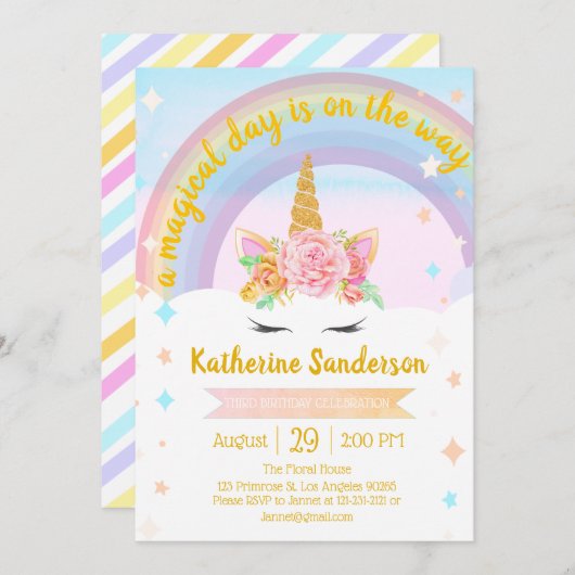金ゴールドガールズマジカフェイクルユニコーンレインボー誕生日 招待状 (正面/裏面)
