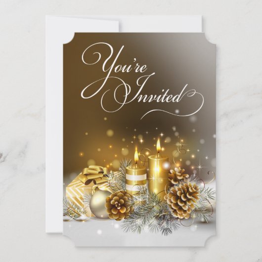 金ゴールドキャンドルクリスマスパーティーエレガントホリデー 招待状 (正面)