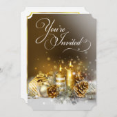 金ゴールドキャンドルクリスマスパーティーエレガントホリデー 招待状 (正面/裏面)