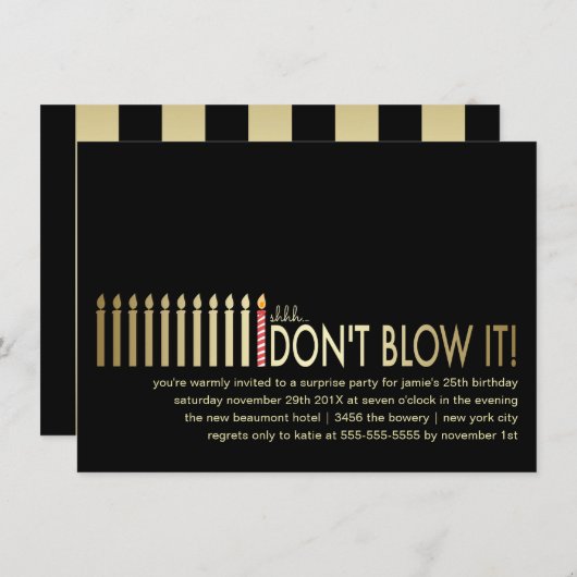金ゴールドキャンドルサプライズ誕生日パーティーの招待 招待状 (正面/裏面)