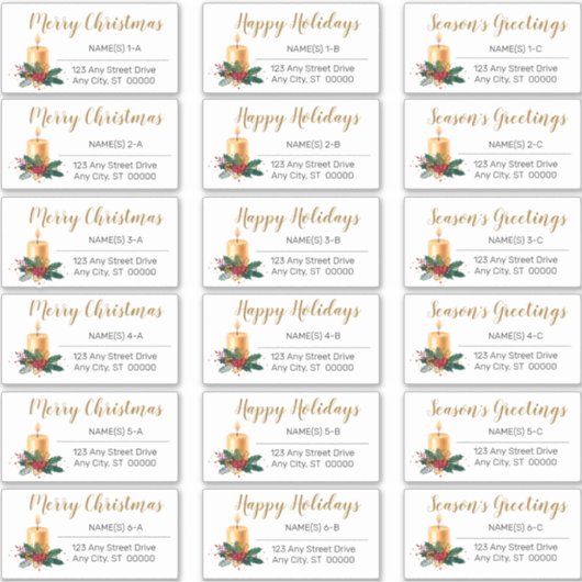 金ゴールドキャンドルフローラクリスマスホリデー住所 シール (正面)