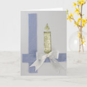 金ゴールドキャンドル、白い弓、青いリボンをパーソナライズ カード (黄色い花)