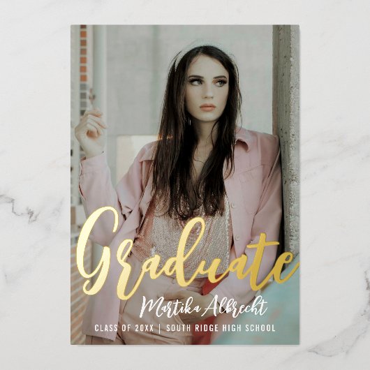 金ゴールドキュラースオーバーレイ |写真卒業パーティー 箔招待状 (正面)