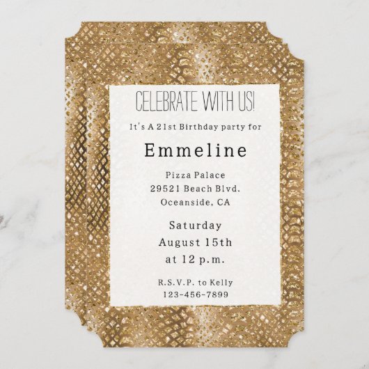 金ゴールドキラキラしたスネークスキン動物の釉薬 招待状 (正面/裏面)