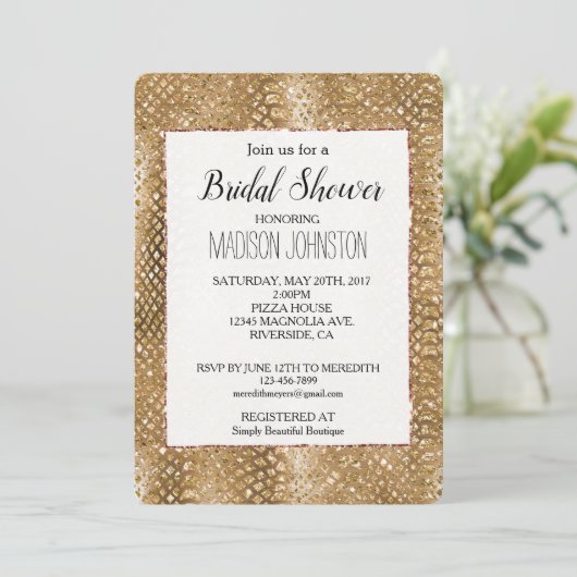 金ゴールドキラキラしたスネークスキン動物の釉薬 招待状 (スタンド正面)