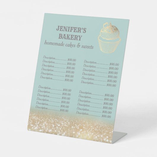 金ゴールドキラキラのカップケーキのベーカリーの価格表 台座サイン (正面)
