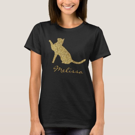 金ゴールドキラキラパーソナライズされた猫 Tシャツ (正面)