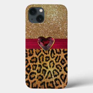 金ゴールドキラキラLeopardプリントとRubyハート iPhone 13ケース