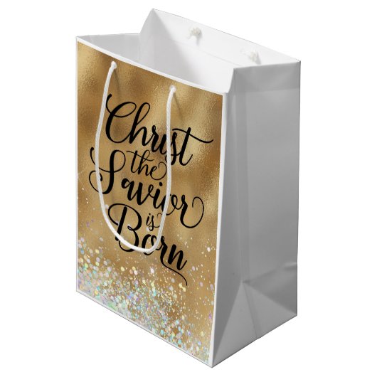 金ゴールドキリスト救世主クリスチャン・クリスマス ミディアムペーパーバッグ (正面アングル)