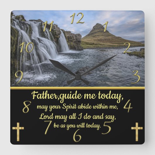 金ゴールドキリスト教信仰はイエローウォーターフォールと交差する スクエア壁時計 (正面)