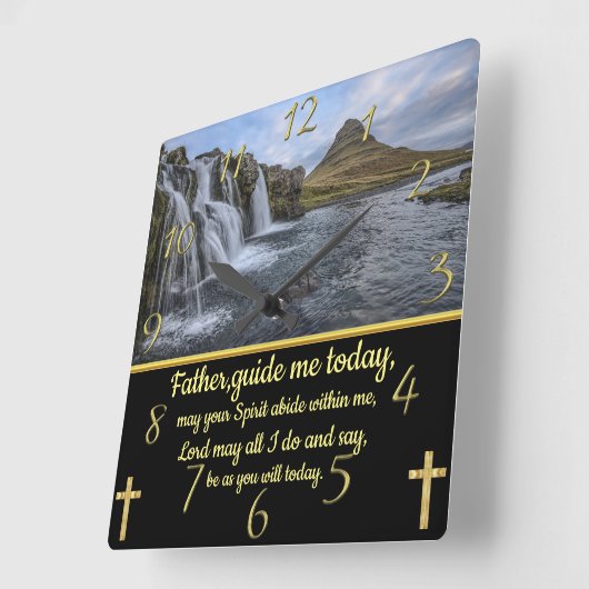 金ゴールドキリスト教信仰はイエローウォーターフォールと交差する スクエア壁時計 (傾斜)