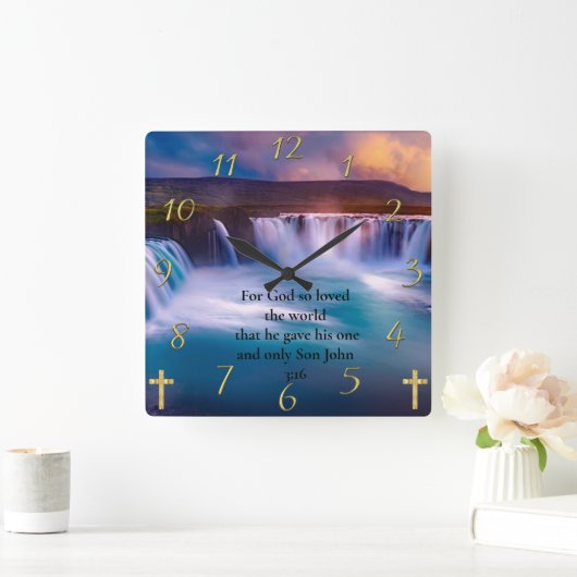 金ゴールドキリスト教信仰祈りの言葉ヨハネ3:16 スクエア壁時計 (ホーム)