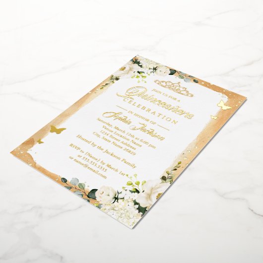 金ゴールドキンセアニェラフローラスパークルティアラ誕生日 箔招待状 (回転した状態)