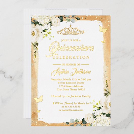 金ゴールドキンセアニェラフローラスパークルティアラ誕生日 箔招待状 (封筒)