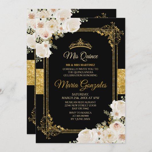 金ゴールドキンセアニェラホワイトメキシコガール15誕生日 招待状 (正面/裏面)