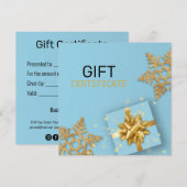 金ゴールドギフトボックスグリッター雪片ブルーギフトカード (正面/裏面)