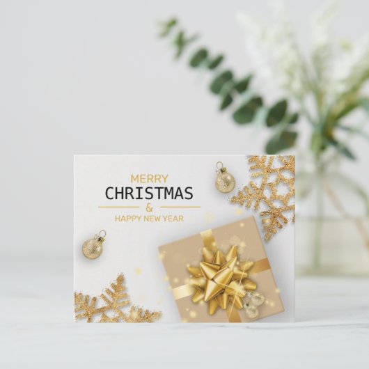 金ゴールドギフトボックス金ゴールド雪片クリスマスボール シーズンポストカード (スタンド正面)