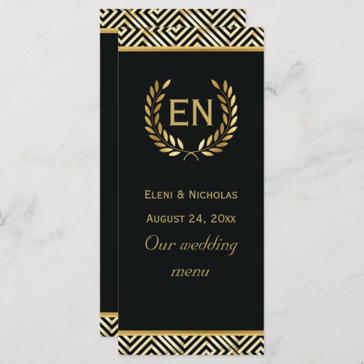 金ゴールドギリシャ鍵&ローレルリース結婚のメニューカード メニュー (正面/裏面)