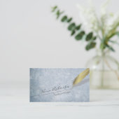 金ゴールドクイル羽根ペン手書き線青グランジ 名刺 (スタンド正面)