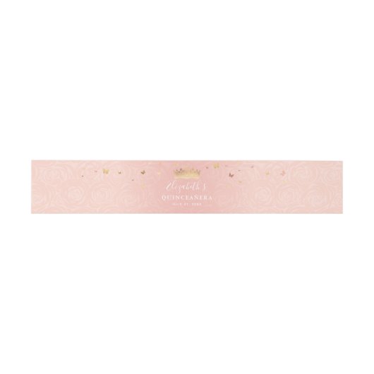 金ゴールドクラウンとフローラ赤面ピンクローズエレガント 招待状ベリーバンド (フラット)