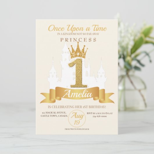 金ゴールドクラウンキャッスルキングダムプリンセス1st誕生日 招待状 (スタンド正面)