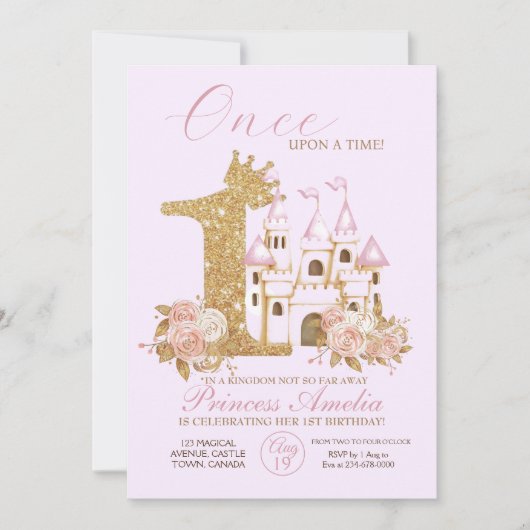 金ゴールドクラウンキャッスルプリンセス1stバースデーインビ 招待状 (正面)
