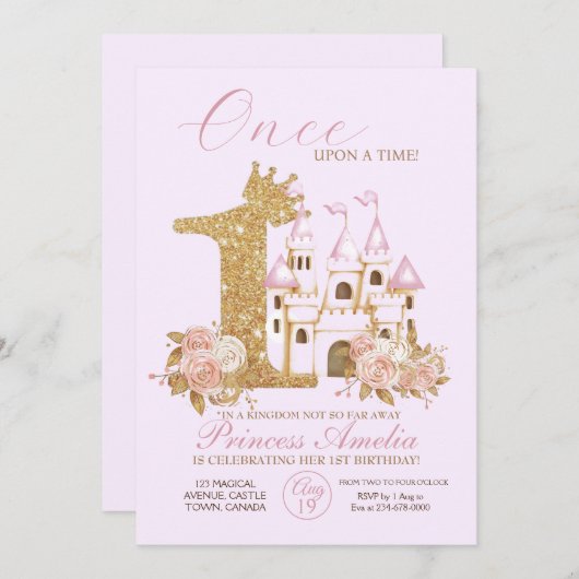 金ゴールドクラウンキャッスルプリンセス1stバースデーインビ 招待状 (正面/裏面)