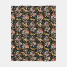金ゴールドクラウンスカルレッドローズダークゴシックのハロウィーン フリースブランケット