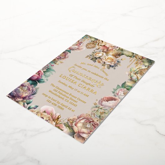 金ゴールドクラウンダイヤモンドフラワーズキンセアニェラ 箔招待状 (回転した状態)