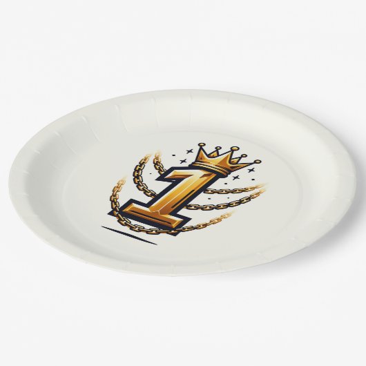 金ゴールドクラウンチェーンドリップ1 #1 1歳の誕生日パーティー ペーパープレート (アングル)